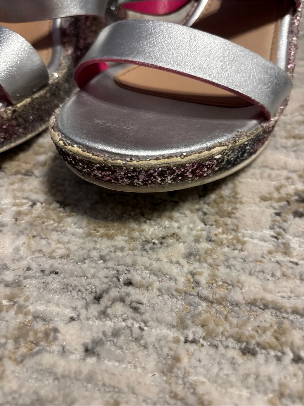Self Esteem Silver Wedge Sandals with Pink-Accented Glitter Platform